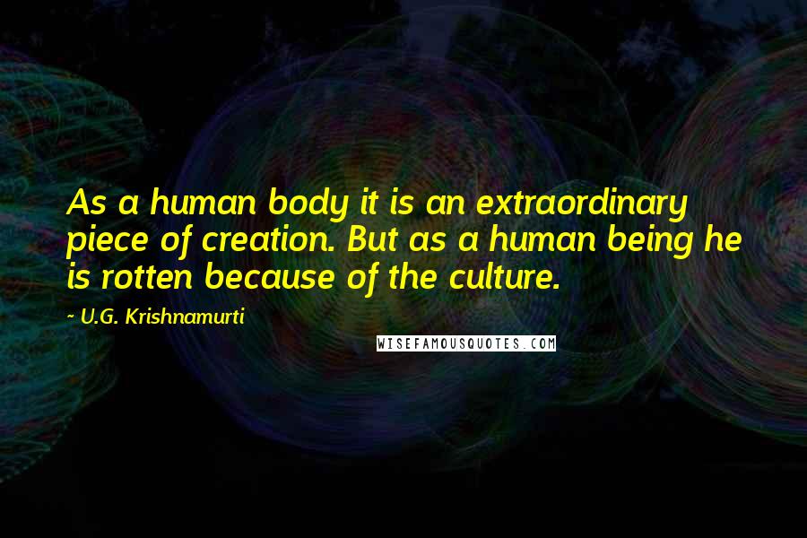 U.G. Krishnamurti Quotes: As a human body it is an extraordinary piece of creation. But as a human being he is rotten because of the culture.