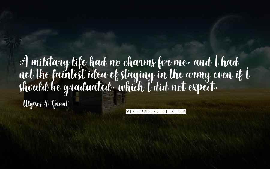 Ulysses S. Grant Quotes: A military life had no charms for me, and I had not the faintest idea of staying in the army even if I should be graduated, which I did not expect,