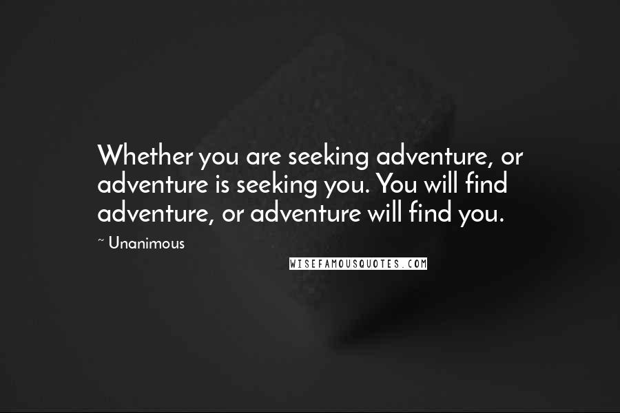 Unanimous Quotes: Whether you are seeking adventure, or adventure is seeking you. You will find adventure, or adventure will find you.