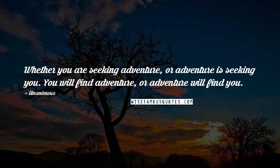 Unanimous Quotes: Whether you are seeking adventure, or adventure is seeking you. You will find adventure, or adventure will find you.