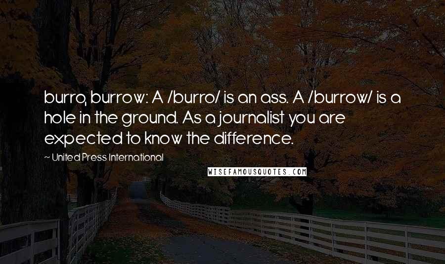 United Press International Quotes: burro, burrow: A /burro/ is an ass. A /burrow/ is a hole in the ground. As a journalist you are expected to know the difference.