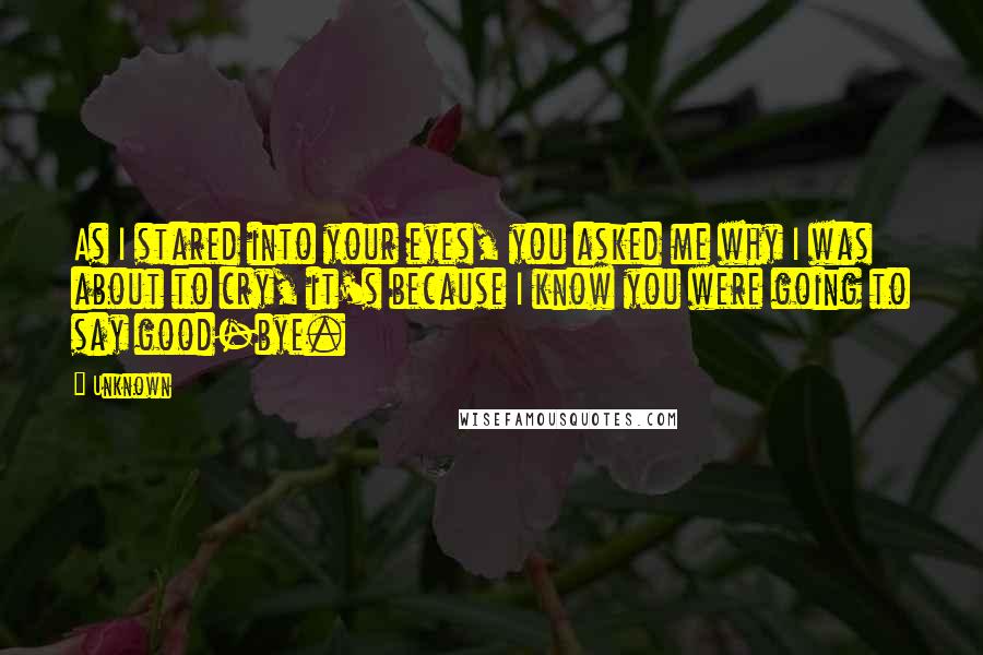 Unknown Quotes: As I stared into your eyes, you asked me why I was about to cry, it's because I know you were going to say good-bye.