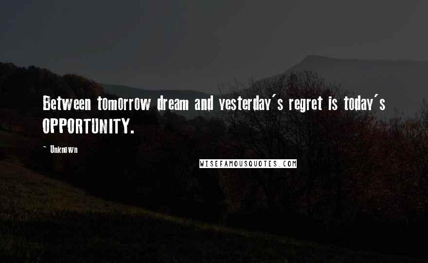 Unknown Quotes: Between tomorrow dream and yesterday's regret is today's OPPORTUNITY.