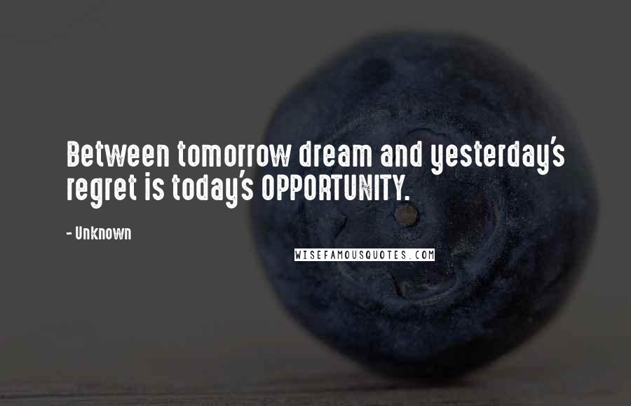 Unknown Quotes: Between tomorrow dream and yesterday's regret is today's OPPORTUNITY.