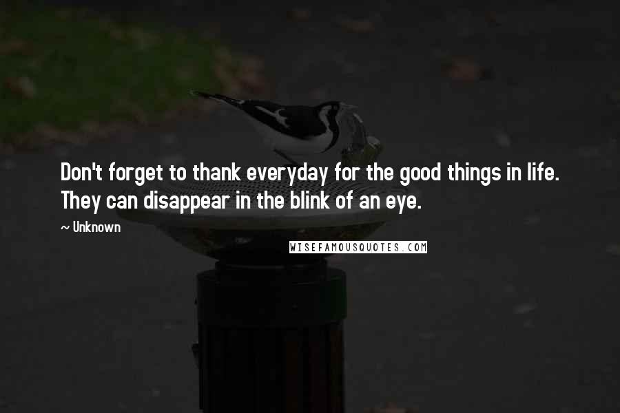 Unknown Quotes: Don't forget to thank everyday for the good things in life. They can disappear in the blink of an eye.