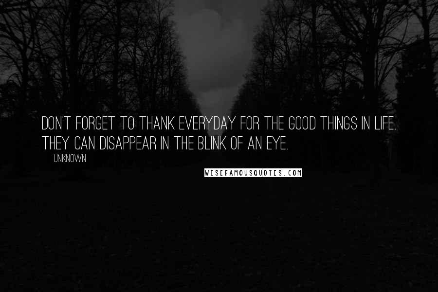 Unknown Quotes: Don't forget to thank everyday for the good things in life. They can disappear in the blink of an eye.