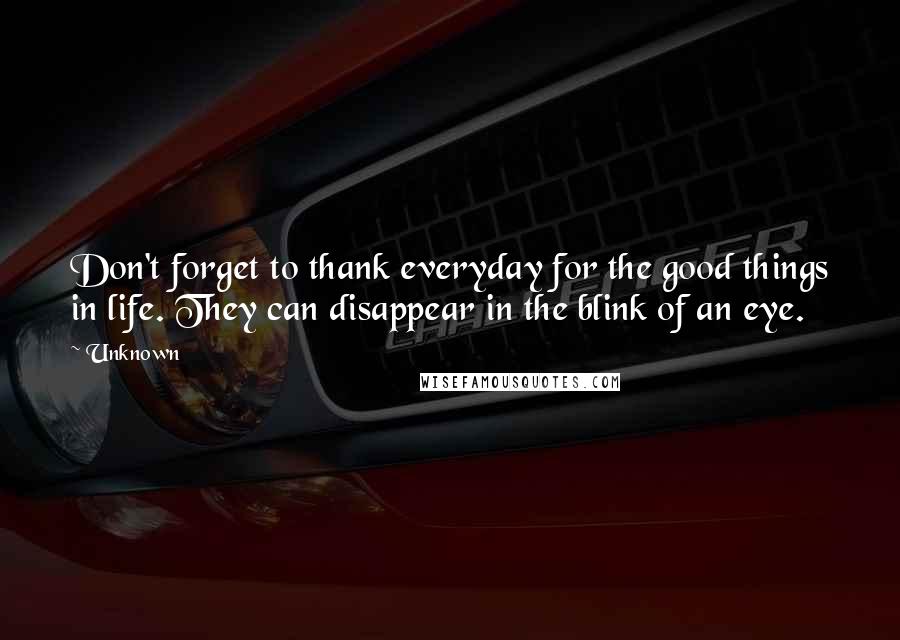 Unknown Quotes: Don't forget to thank everyday for the good things in life. They can disappear in the blink of an eye.