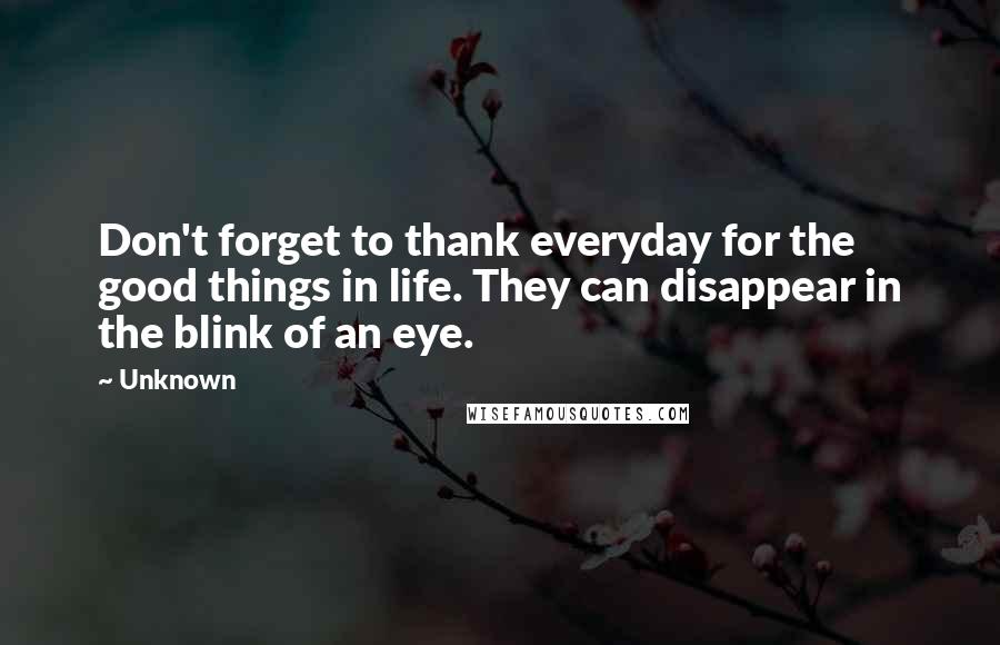 Unknown Quotes: Don't forget to thank everyday for the good things in life. They can disappear in the blink of an eye.