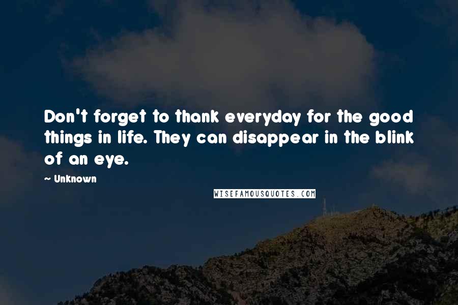 Unknown Quotes: Don't forget to thank everyday for the good things in life. They can disappear in the blink of an eye.