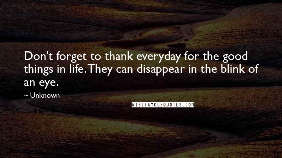 Unknown Quotes: Don't forget to thank everyday for the good things in life. They can disappear in the blink of an eye.