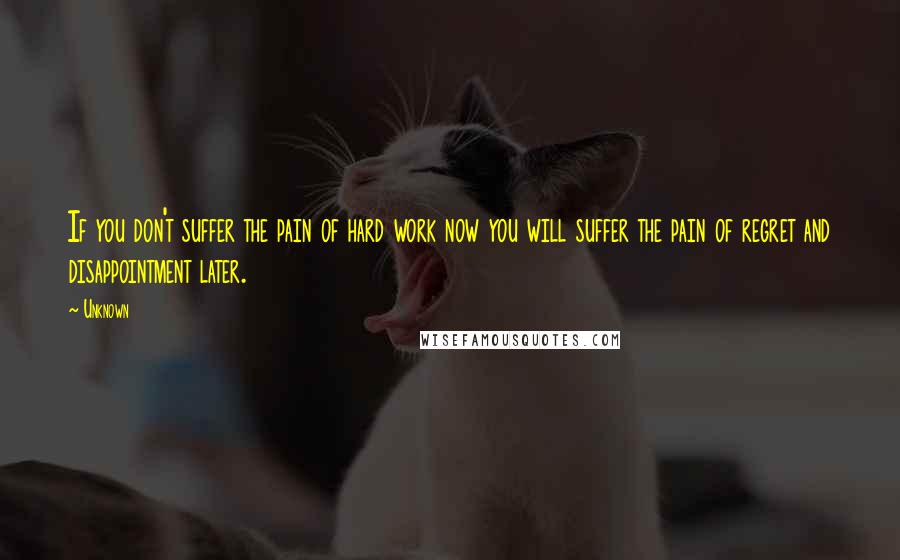 Unknown Quotes: If you don't suffer the pain of hard work now you will suffer the pain of regret and disappointment later.