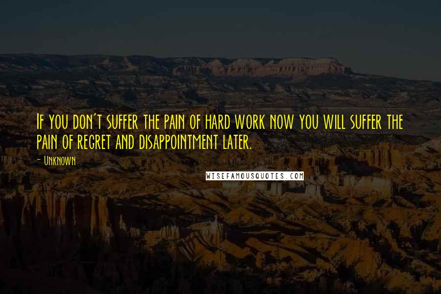 Unknown Quotes: If you don't suffer the pain of hard work now you will suffer the pain of regret and disappointment later.