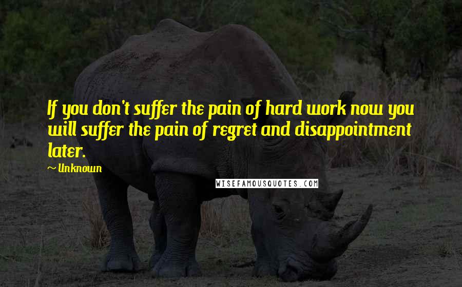 Unknown Quotes: If you don't suffer the pain of hard work now you will suffer the pain of regret and disappointment later.