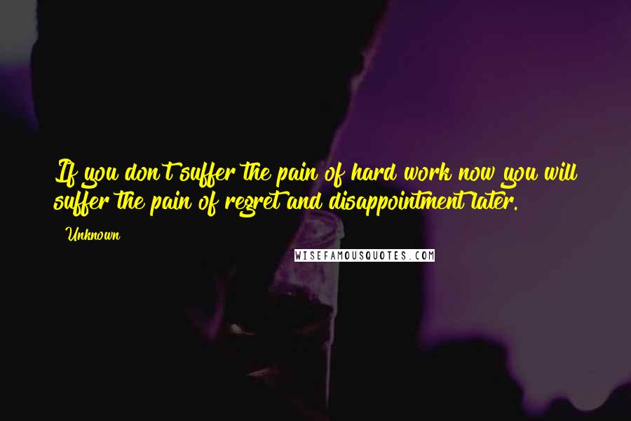 Unknown Quotes: If you don't suffer the pain of hard work now you will suffer the pain of regret and disappointment later.