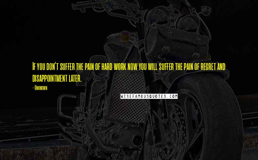 Unknown Quotes: If you don't suffer the pain of hard work now you will suffer the pain of regret and disappointment later.