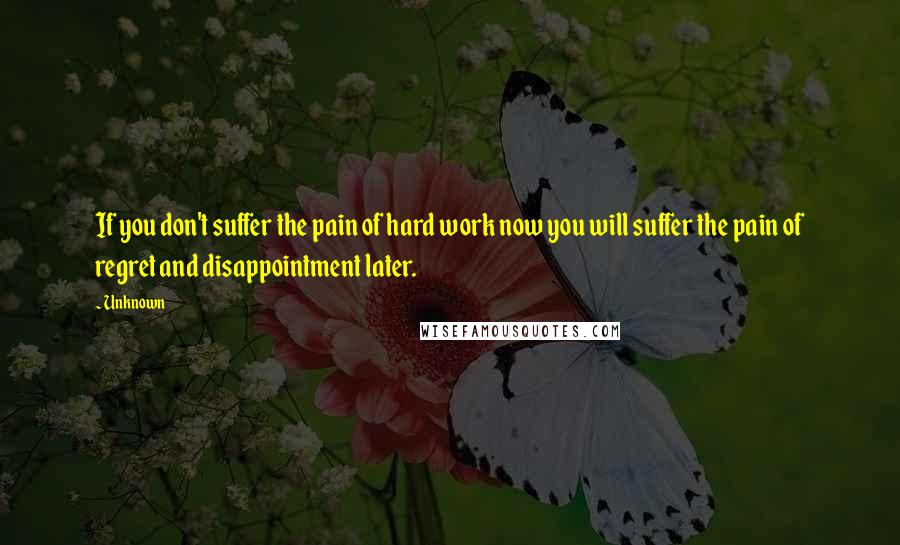 Unknown Quotes: If you don't suffer the pain of hard work now you will suffer the pain of regret and disappointment later.