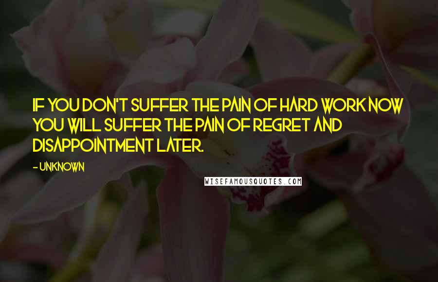 Unknown Quotes: If you don't suffer the pain of hard work now you will suffer the pain of regret and disappointment later.