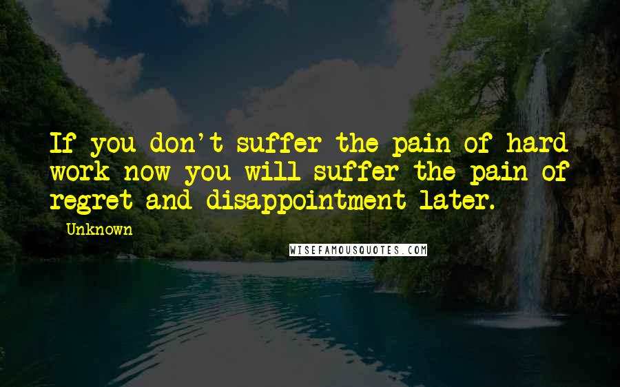 Unknown Quotes: If you don't suffer the pain of hard work now you will suffer the pain of regret and disappointment later.