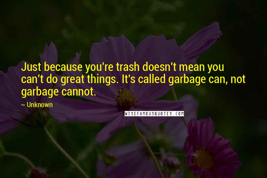 Unknown Quotes: Just because you're trash doesn't mean you can't do great things. It's called garbage can, not garbage cannot.