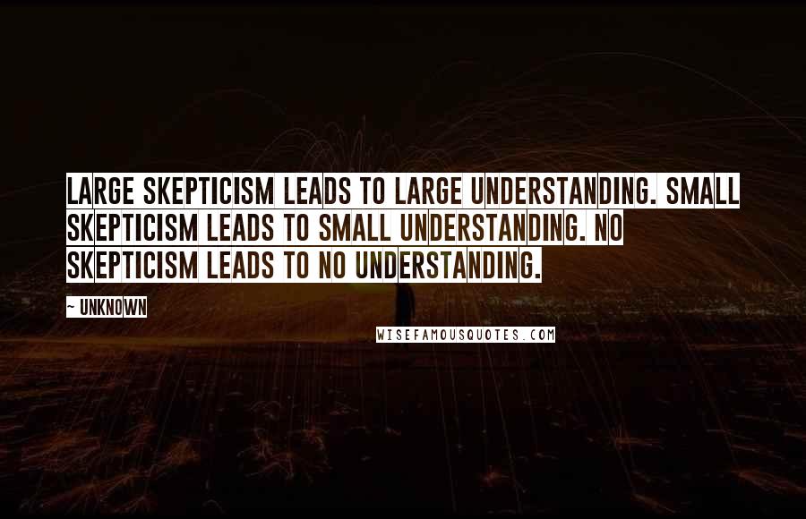 Unknown Quotes: Large skepticism leads to large understanding. Small skepticism leads to small understanding. No skepticism leads to no understanding.