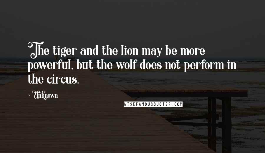 Unknown Quotes: The tiger and the lion may be more powerful, but the wolf does not perform in the circus.