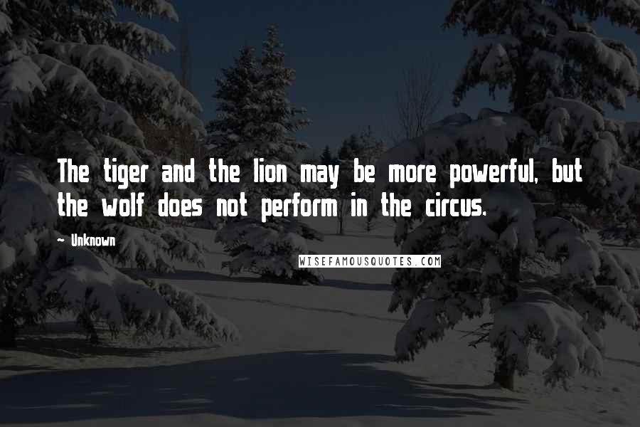 Unknown Quotes: The tiger and the lion may be more powerful, but the wolf does not perform in the circus.