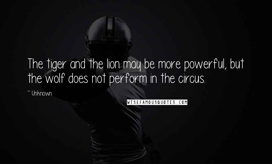 Unknown Quotes: The tiger and the lion may be more powerful, but the wolf does not perform in the circus.