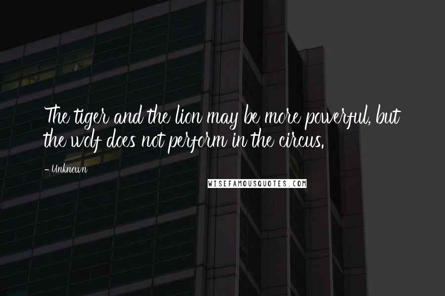 Unknown Quotes: The tiger and the lion may be more powerful, but the wolf does not perform in the circus.