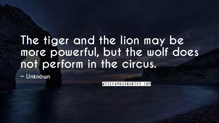 Unknown Quotes: The tiger and the lion may be more powerful, but the wolf does not perform in the circus.