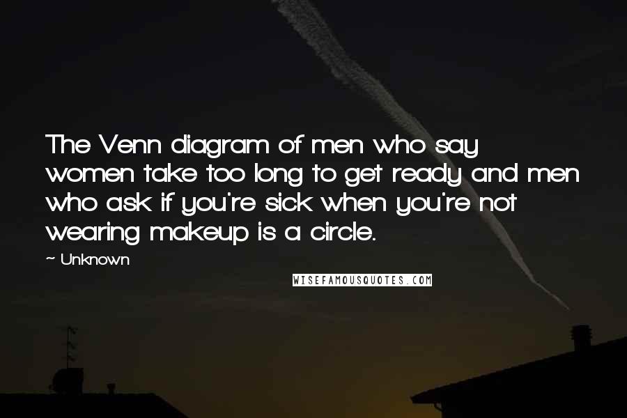 Unknown Quotes: The Venn diagram of men who say women take too long to get ready and men who ask if you're sick when you're not wearing makeup is a circle.