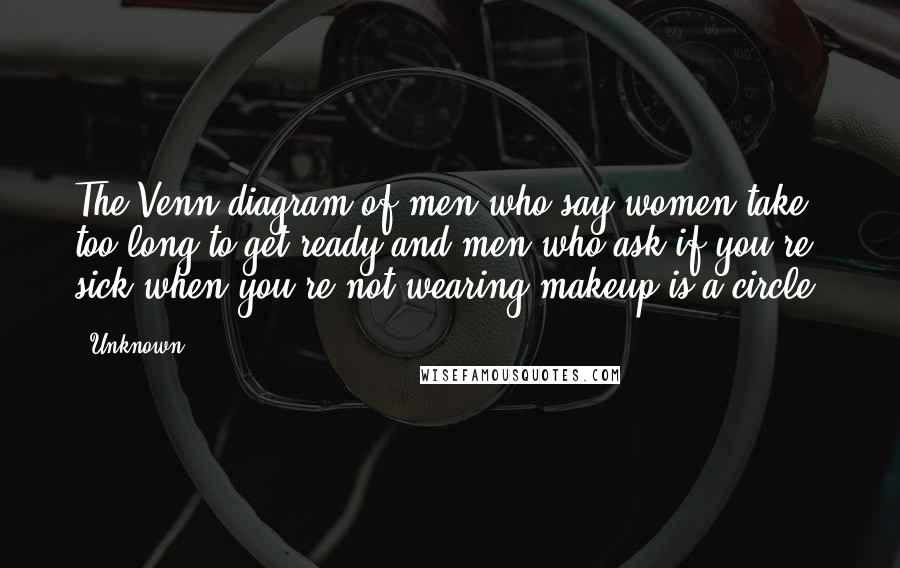 Unknown Quotes: The Venn diagram of men who say women take too long to get ready and men who ask if you're sick when you're not wearing makeup is a circle.