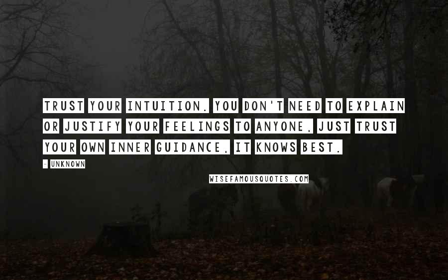 Unknown Quotes: Trust your intuition. You don't need to explain or justify your feelings to anyone, just trust your own inner guidance, it knows best.