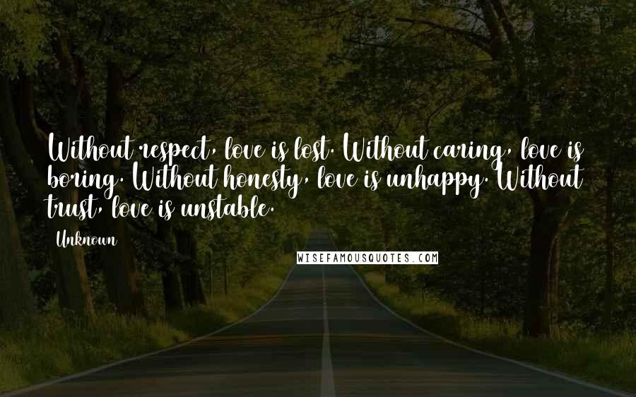 Unknown Quotes: Without respect, love is lost. Without caring, love is boring. Without honesty, love is unhappy. Without trust, love is unstable.