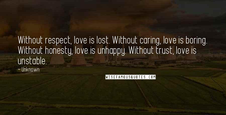 Unknown Quotes: Without respect, love is lost. Without caring, love is boring. Without honesty, love is unhappy. Without trust, love is unstable.