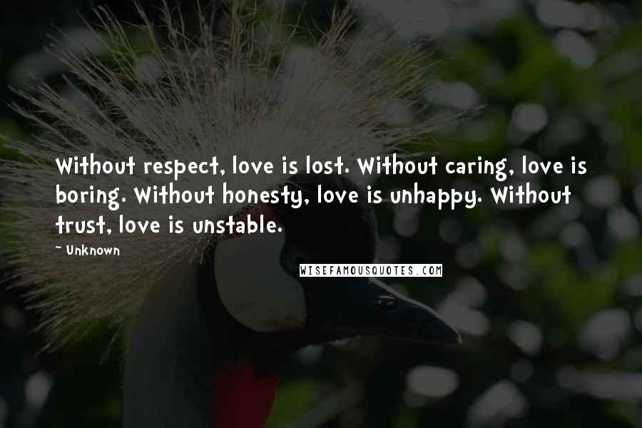 Unknown Quotes: Without respect, love is lost. Without caring, love is boring. Without honesty, love is unhappy. Without trust, love is unstable.