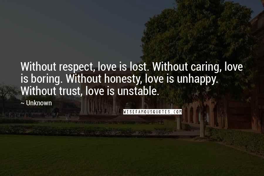 Unknown Quotes: Without respect, love is lost. Without caring, love is boring. Without honesty, love is unhappy. Without trust, love is unstable.