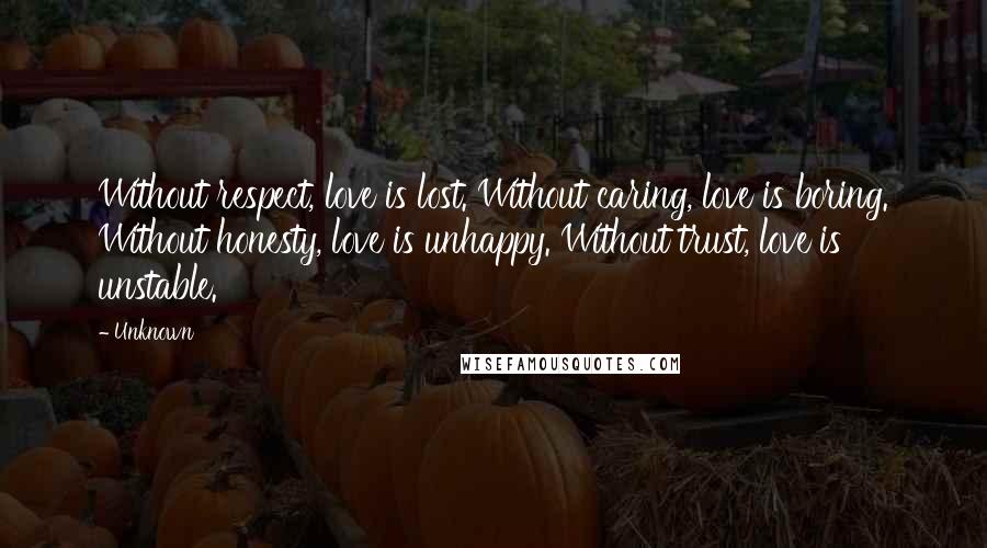 Unknown Quotes: Without respect, love is lost. Without caring, love is boring. Without honesty, love is unhappy. Without trust, love is unstable.