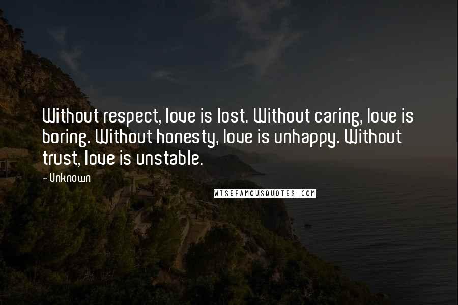 Unknown Quotes: Without respect, love is lost. Without caring, love is boring. Without honesty, love is unhappy. Without trust, love is unstable.