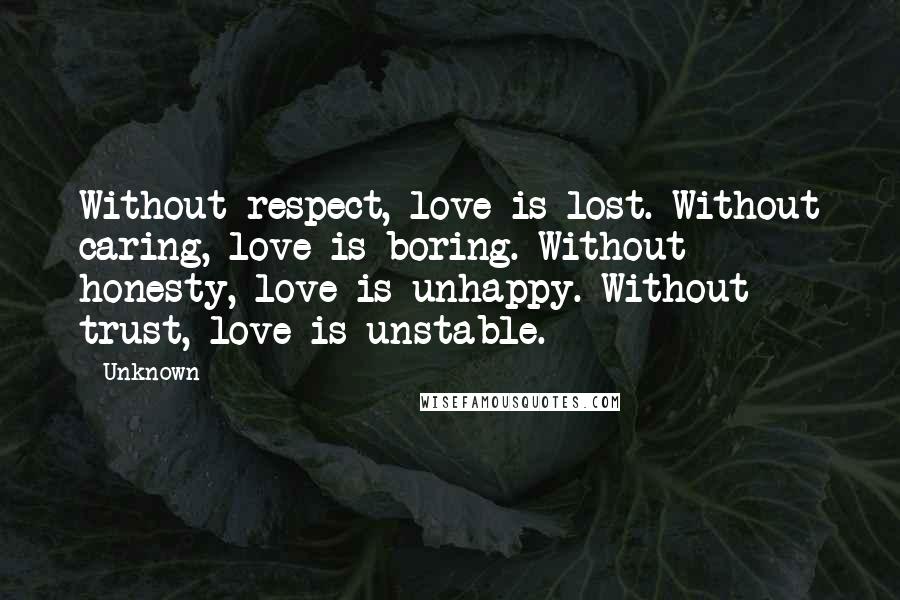 Unknown Quotes: Without respect, love is lost. Without caring, love is boring. Without honesty, love is unhappy. Without trust, love is unstable.