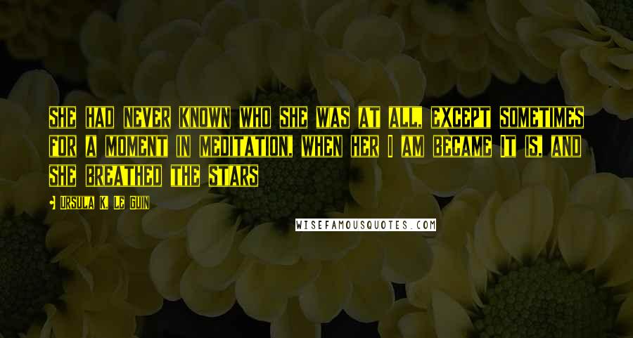 Ursula K. Le Guin Quotes: she had never known who she was at all, except sometimes for a moment in meditation, when her I am became It is, and she breathed the stars