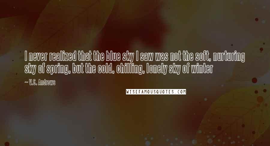 V.C. Andrews Quotes: I never realized that the blue sky I saw was not the soft, nurturing sky of spring, but the cold, chilling, lonely sky of winter