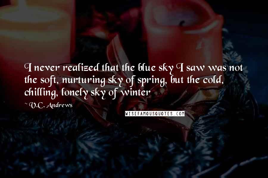 V.C. Andrews Quotes: I never realized that the blue sky I saw was not the soft, nurturing sky of spring, but the cold, chilling, lonely sky of winter