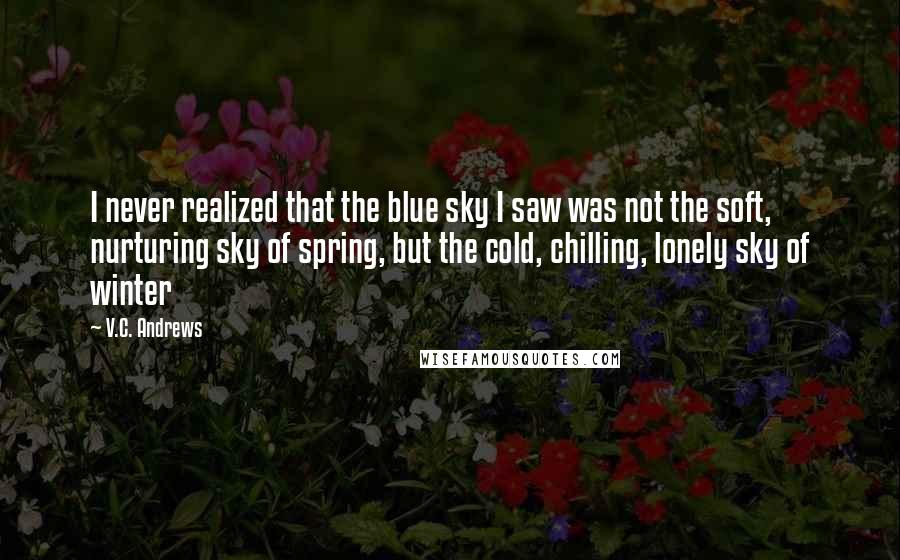 V.C. Andrews Quotes: I never realized that the blue sky I saw was not the soft, nurturing sky of spring, but the cold, chilling, lonely sky of winter