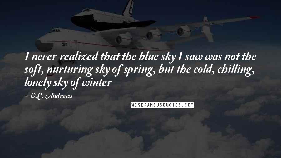 V.C. Andrews Quotes: I never realized that the blue sky I saw was not the soft, nurturing sky of spring, but the cold, chilling, lonely sky of winter