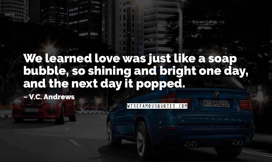 V.C. Andrews Quotes: We learned love was just like a soap bubble, so shining and bright one day, and the next day it popped.