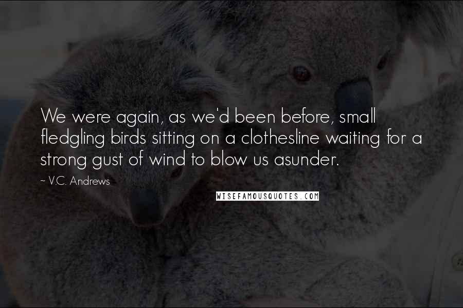 V.C. Andrews Quotes: We were again, as we'd been before, small fledgling birds sitting on a clothesline waiting for a strong gust of wind to blow us asunder.