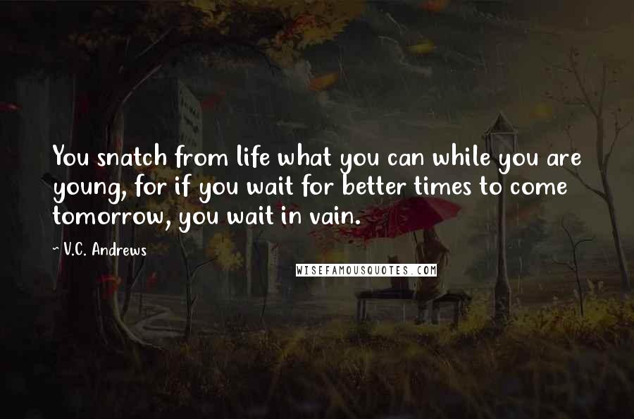 V.C. Andrews Quotes: You snatch from life what you can while you are young, for if you wait for better times to come tomorrow, you wait in vain.