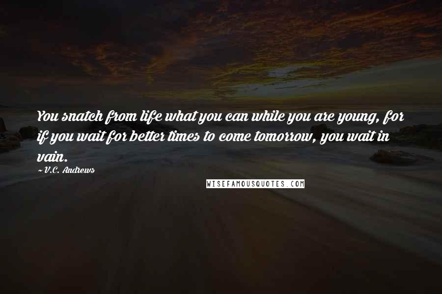 V.C. Andrews Quotes: You snatch from life what you can while you are young, for if you wait for better times to come tomorrow, you wait in vain.