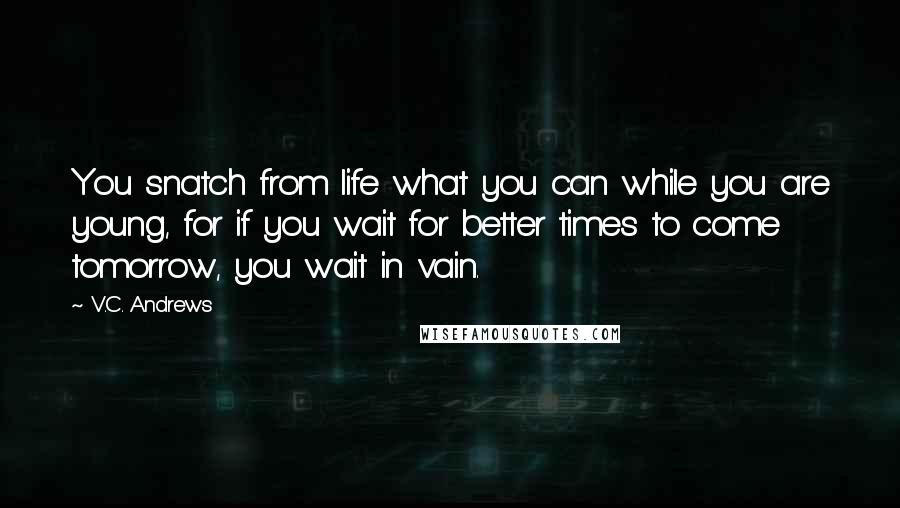 V.C. Andrews Quotes: You snatch from life what you can while you are young, for if you wait for better times to come tomorrow, you wait in vain.