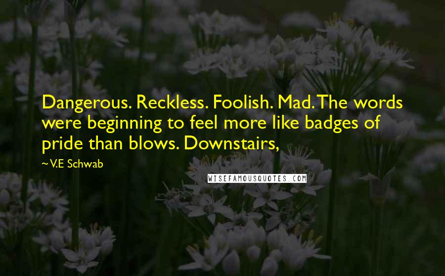 V.E Schwab Quotes: Dangerous. Reckless. Foolish. Mad. The words were beginning to feel more like badges of pride than blows. Downstairs,